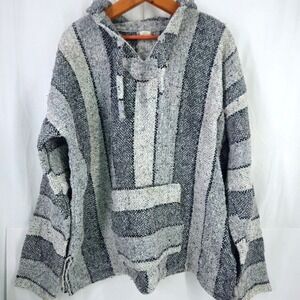 Vintage SOFT Gray Striped Baja Hoodie Mexican Drug Rug Pullover Mens XL L Large